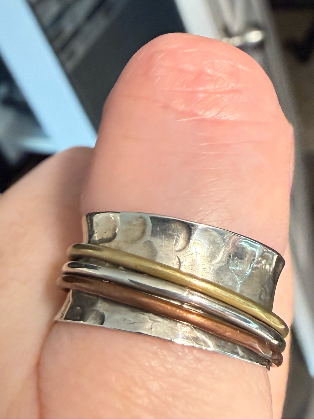 Sterling silver Tri-Tone Hammered Meditation Ring - Silver, Gold & Copper